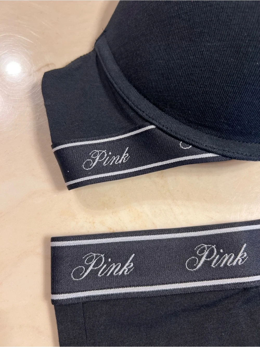 PINK VICTORIA’S SECRET Black Push-Up Bra & Cotton Boyshort Diamante Logo 36B